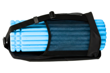 Blue foam roller for muscle recovery in a black carrying bag on a transparent background