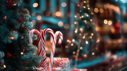 Festive candy canes glowing beside a Christmas tree with soft bokeh lights, evoking warmth, sweetness, and holiday cheer.
