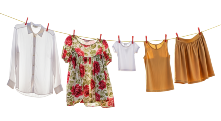 Fresh laundry drying on the line, colorful wardrobe for summer, clean clothes, stylish apparel collection