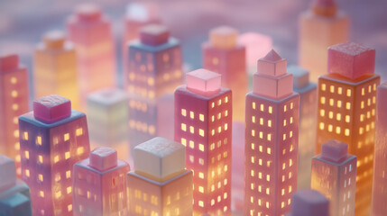 Fantasy city built from candy blocks and sweets, glowing under soft morning light, blending surreal design with sugary charm.
