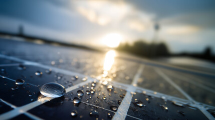 Close-up of solar panel with water droplets under morning sunlight, symbolizing clean renewable energy and environmental sustainability.