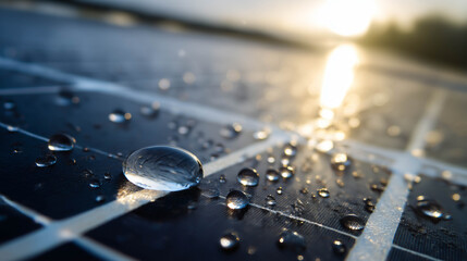Macro shot of dew drops on solar panel in morning light, symbolizing freshness, sustainability, and renewable energy.