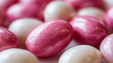 Close-up of shiny pink and white candy-coated almonds, perfect for festive, wedding, or celebration-themed backgrounds.