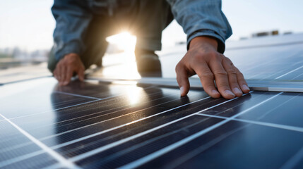 Worker maintaining solar panels under bright sky, representing green energy, innovation, and sustainable technology.