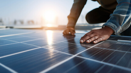 Worker&rsquo;s hands adjusting solar panels in bright sunlight, symbolizing renewable energy and sustainable progress.