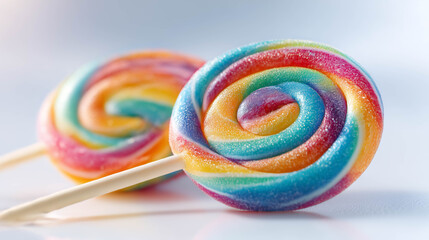 Vibrant close-up of colorful lollipop swirl on white background, representing sweetness, fun, and cheerful childhood memories.