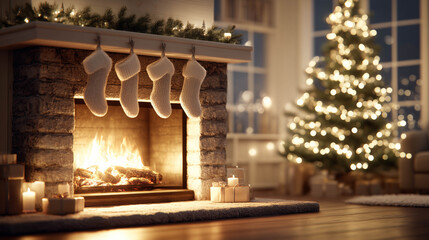 Cozy Christmas fireplace with stockings, tree, and warm lights, creating a festive and homely holiday atmosphere.