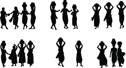 Traditional village women carrying water pots on head, rural lifestyle silhouette, cultural heritage scene, teamwork, daily life, Indian folk art