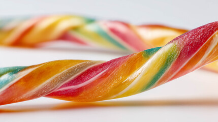 Vibrant close-up of multicolored candy cane, representing Christmas sweetness, fun, and festive delight.
