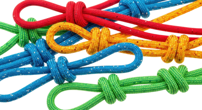 Dynamic colorful ropes tied in knots for adventure, teamwork, resilience and vibrant energy
