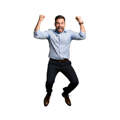 Excited businessman jumping with joy celebrating success isolated on white background
