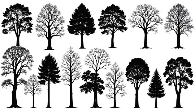Silhouettes of various bare trees