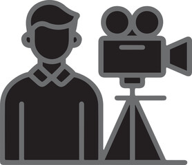 Filmmaker icon operating vintage camera on tripod representing cinematography and video production industry concepts isolated on transparent background