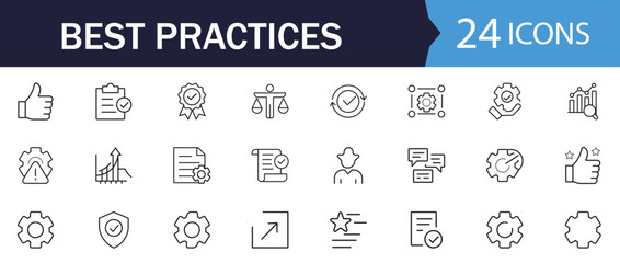 Best Practices Icon set. Features icons of compliance, efficiency, workflow and improvement. Perfect for workflow, standard operating procedures, and reports.