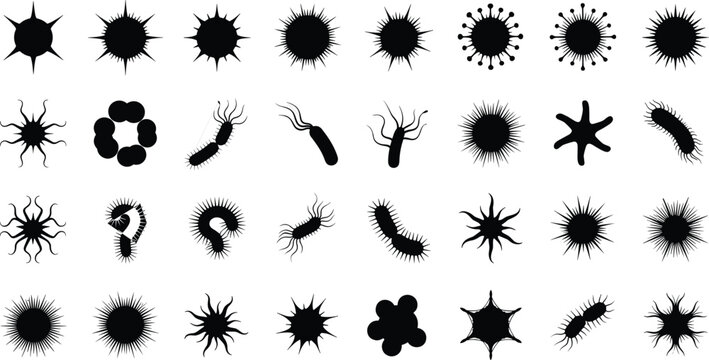 microorganism silhouette, bacteria icon, virus shape, microbial form, biology design, pathogen vector, science illustration, germ outline, microscopic organism, cad drawing flat vector illustration