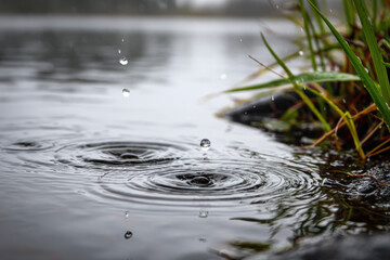 Raindrops falling into lake creating ripples