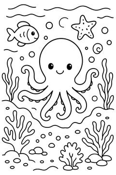 Coloring page of a cute cartoon octopus. Simple and fun coloring page for kids.