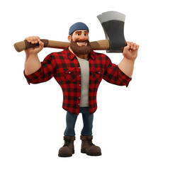 Cartoon lumberjack with an axe over his shoulder wearing a red and black plaid shirt isolated on a white background