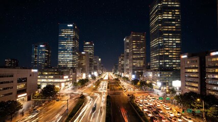 Busy urban city day to night transition with flowing traffic lights timelapse modern, time lapse, day to night