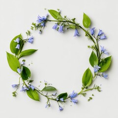 Delicate Purple Bellflower  Green Leaf Wreath - Fresh Floral Frame on White Background.
