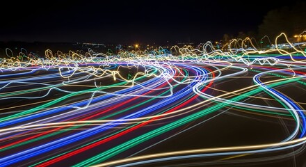 Abstract light trails at night with vibrant colors creating a dynamic and energetic composition effect
