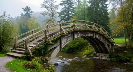 Old wooden bridge with moss over a river in a forest on a cloudy day with green trees and foliage