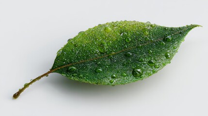 Detailed Macro of a Single Verdant Leaf Glistening with Fresh Dew Drops.