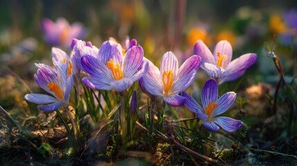 Vibrant Purple Crocus Flowers in a Field Bathed in Golden Morning Spring Sunlight
