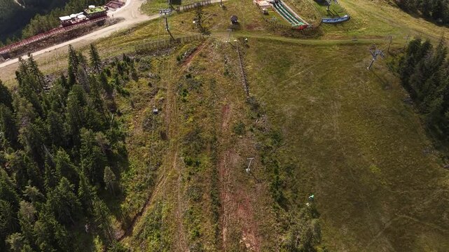 Zlatibor Mountain, Serbia. Revealing Drone Shot of Tornik Peak, Gondola Station and Communication Towers