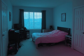 Interior of bedroom with bed and desk setup, nighttime scene, medium shot, residential home