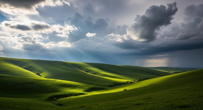 Rolling green hills under a dramatic sky with sun rays breaking through the dark storm clouds above