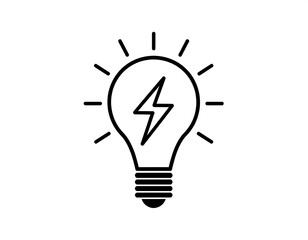 Simple black outline lightbulb with lightning bolt inside, radiating lines