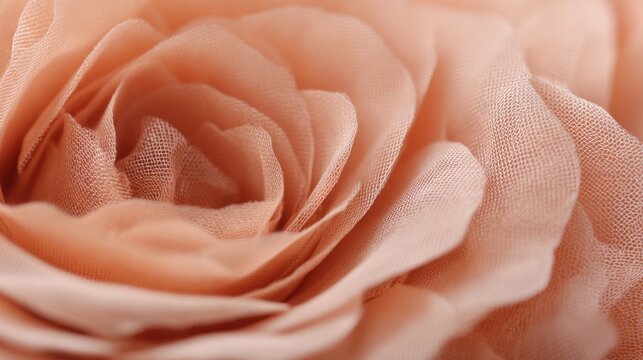 Abstract macro of peach fabric flower with soft focus showing delicate petals and texture creating a romantic and dreamy mood