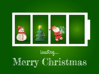 A playful Christmas battery countdown illustration with snowman, tree, and Santa loading happiness for a festive celebration. Merry Christmas  Greeting Card Vector Illustration 