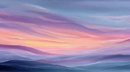  Abstract Sunrise Landscape Over Water. Soft Blended Colors of Pink, Purple, and Blue with Gentle Flowing Lines Depicting Hills and Water. Serene and Ethereal Art Scene.