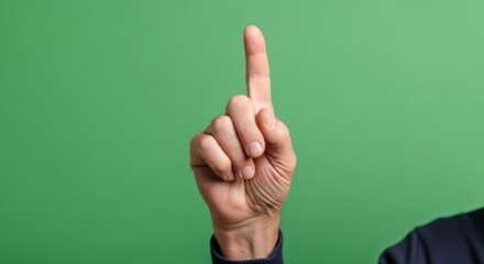 Man hand showing one finger up as a gesture isolated on green screen. Chroma key effect for video or presentation.