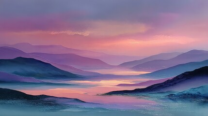  Abstract Sunrise Landscape Over Water. Soft Blended Colors of Pink, Purple, and Blue with Gentle Flowing Lines Depicting Hills and Water. Serene and Ethereal Art Scene.