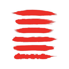 Collection of six vibrant red hand-painted brush stroke textures for artistic design projects and creative backgrounds isolated on white background