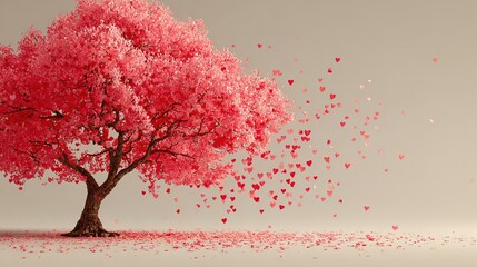 Enchanting Tree with Red Leaves and Pink Hearts Falling. A Magical and Romantic Scene of Nature's Beauty.