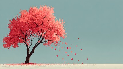 Enchanting Tree with Red Leaves and Pink Hearts Falling. A Magical and Romantic Scene of Nature's Beauty.