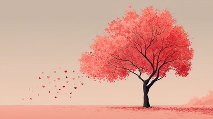 Enchanting Tree with Red Leaves and Pink Hearts Falling. A Magical and Romantic Scene of Nature's Beauty.