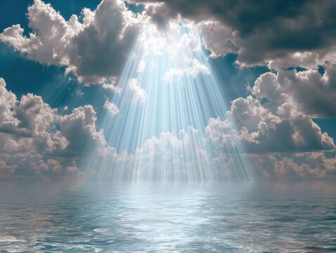 Light rays shining through clouds over ocean water, serene seascape, eye-level view, ethereal atmosphere, daytime