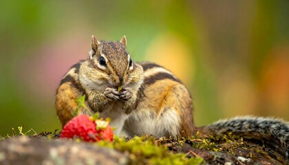 Close-up of a chipmunk eating a strawberry outdoors with blurred background