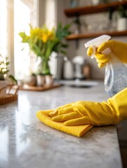 Close-up of gloved hands cleaning kitchen counter with spray bottle and cloth in bright modern home interior