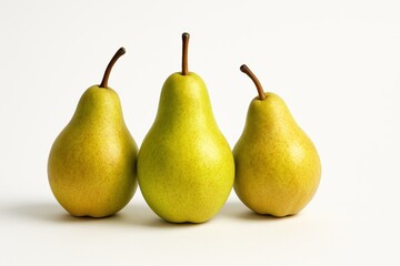 Trio of pears forming a gentle arc with stems aligned and one pear upright in the center