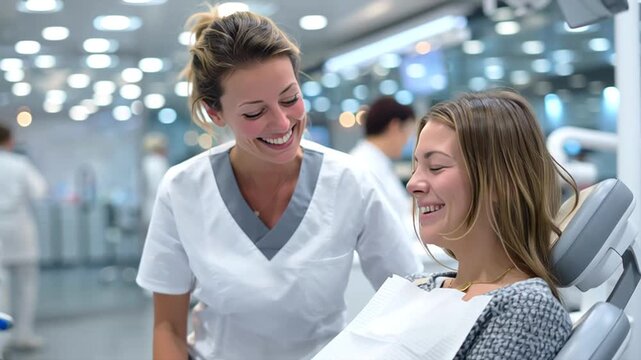 Female dentist offering professional care, reassuring patient before dental treatment in modern, clean clinical setting, showing compassionate approach to medical treatment