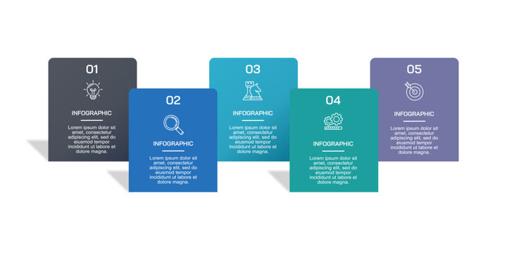 5 Steps Business Process Infographic Template with Numbered Boxes and Icons. Vector illustration.