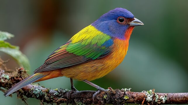 Vibrant Painted Bunting (Passerina ciris) Bird Perched on a Tree Branch