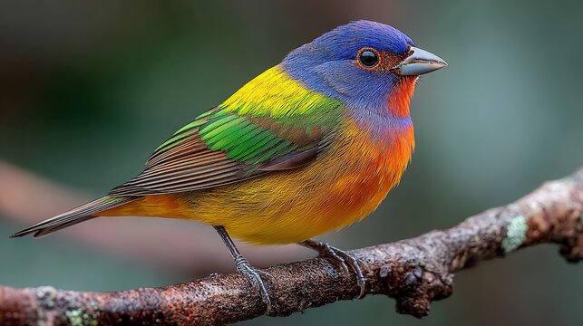 Vibrant Painted Bunting (Passerina ciris) Bird Perched on a Tree Branch