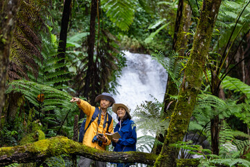 Team of the Asian naturalist looking at map while exploring in the tree fern forest for surveying and discovering the rare biodiversity species and ecologist on the field study usage